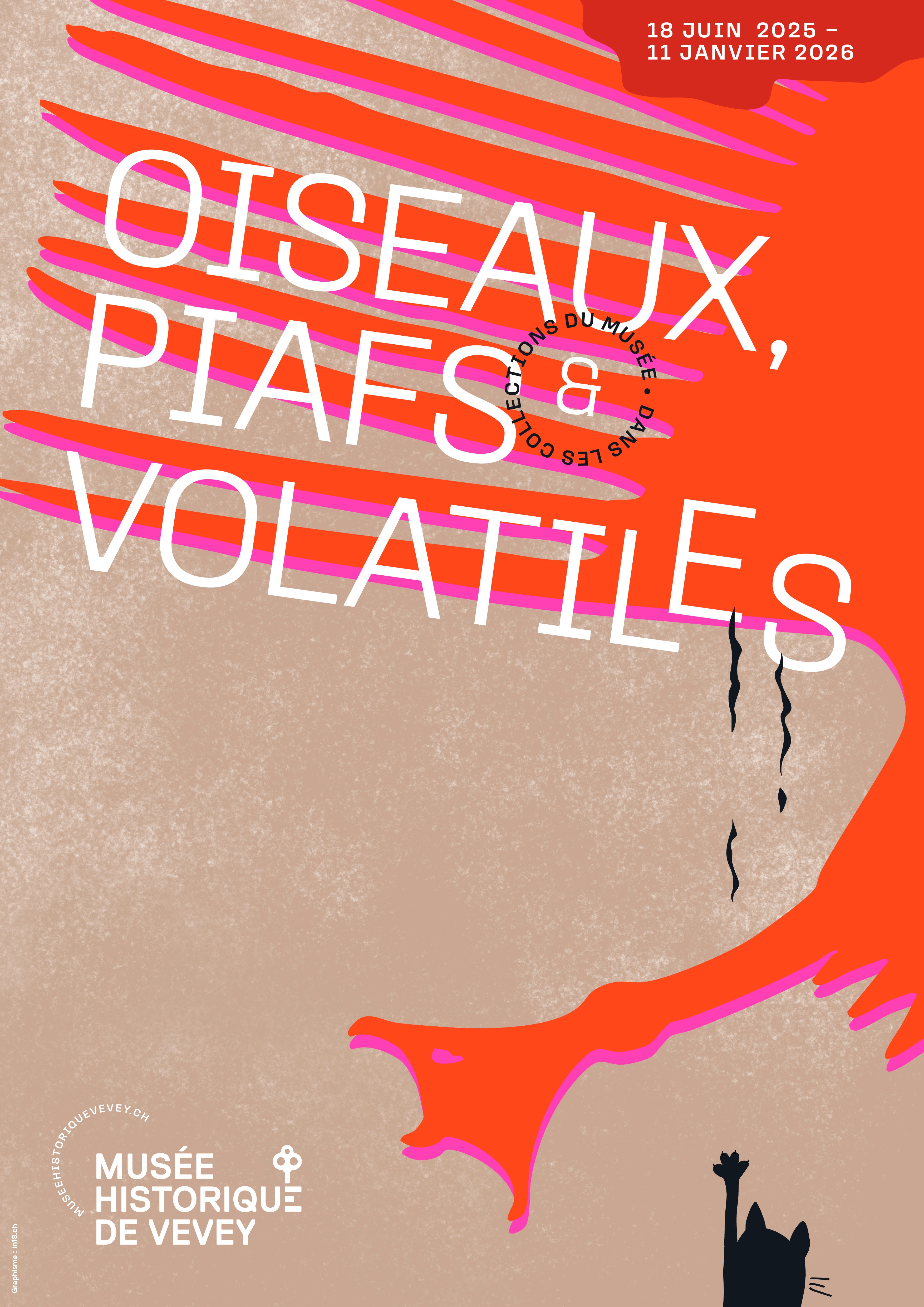 Affiche de l’exposition Oiseaux, piafs et volatiles dans les collections du Musée historique de Vevey, 2025, @ Coralie Voïta, in18